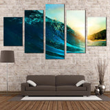 Blue Surfing Ocean Wave And Sunset Scene 5 Piece Canvas Wall Art Painting Wallpaper Poster Picture Print Photo Decor