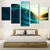 Blue Surfing Ocean Wave And Sunset Scene 5 Piece Canvas Wall Art Painting Wallpaper Poster Picture Print Photo Decor