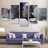 Winter Forest Park Snow Covered Trees And Bench Scene 5 Piece Canvas Wall Art Painting Wallpaper Poster Picture Print Photo Decor