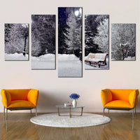 Winter Forest Park Snow Covered Trees And Bench Scene 5 Piece Canvas Wall Art Painting Wallpaper Poster Picture Print Photo Decor