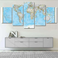 World Map National Geographic Style Panel Prints 5 Piece Canvas Wall Art Painting Wallpaper Poster Picture Print Photo Decor