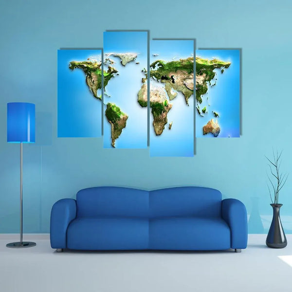 Vibrant Blue And Green 3D World Map Illustration 4 Piece Canvas Wall Art Painting Wallpaper Poster Picture Print Photo Decor