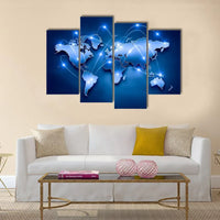 Digital Global Connections Lines World Map On Blue 4 Piece Canvas Wall Art Painting Wallpaper Poster Picture Print Photo Decor