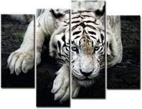 Black & White Tiger On Rock Framed 4 Piece Canvas Wall Art Painting Wallpaper Decor Poster Picture Print