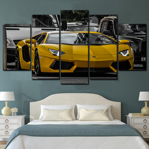 Yellow Lamborghini Sports Car 5 Piece Canvas Wall Art Painting Wallpaper Poster Picture Print Photo Decor