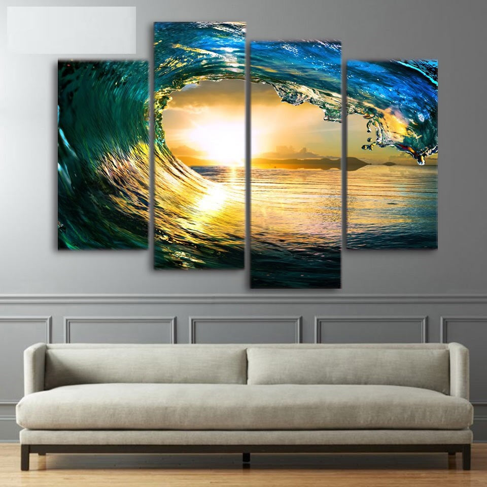 Ocean Wave Sunrise Sunset Surf Seascape Framed 4 Piece Canvas Wall Art ...