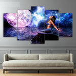 Mermaid Moon & Space Ocean Night Framed 5 Piece Canvas Wall Art Painting Wallpaper Poster Picture Print Photo Decor