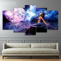 Sirena Luna y espacio océano noche enmarcado 5 piezas lienzo arte de la pared pintura papel tapiz póster imagen impresión foto decoración 