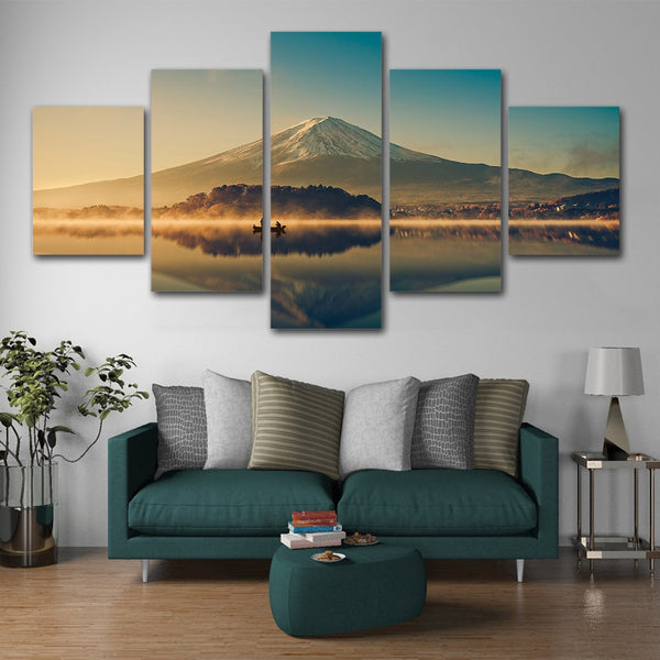 Beautiful Volcano Scenic Mountain Lake Framed 5 Piece Panel Canvas Wall Art Print