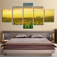 Sunset Sunrise Sunflower Field Birds 1, 2, 3, 4 & 5 Piece Multi Panel Nature Canvas Wall Art Decor Posters Prints Artwork Wallpaper Picture