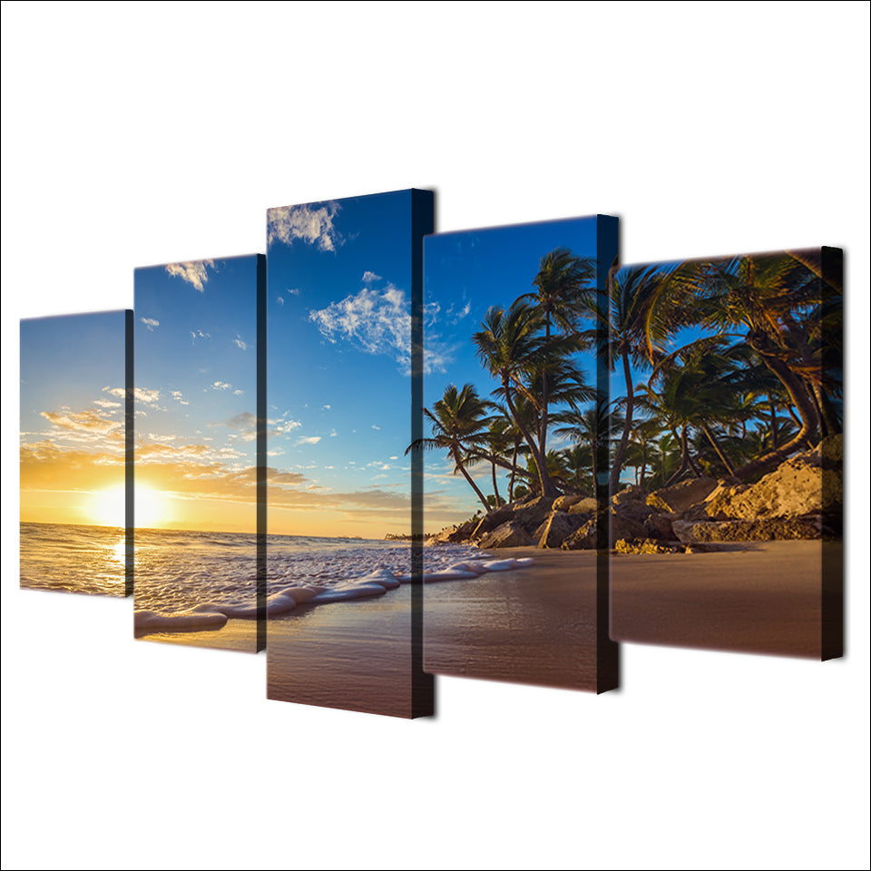 Tropical Ocean Beach Sunset Seascape Sunrise Framed 5 Piece Canvas Wal ...