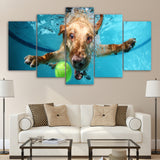 Funny Cute Dog Underwater Framed 5 Piece Canvas Animal Wall Art Image Picture Wallpaper Mural Decoration Design Artwork Poster Decor Print Painting Photography