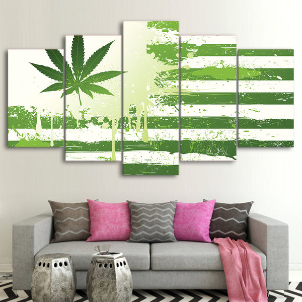Marijuana USA Flag Cannabis Ganja Weed 420 Framed 5 Piece Canvas Wall Art Painting Wallpaper Poster Picture Print Photo Decor