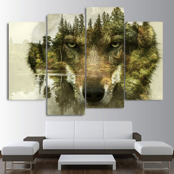 Wolf Face Nature Forest Trees Framed 4 Piece Canvas Wall Art Painting Wallpaper Decor Poster Picture Print