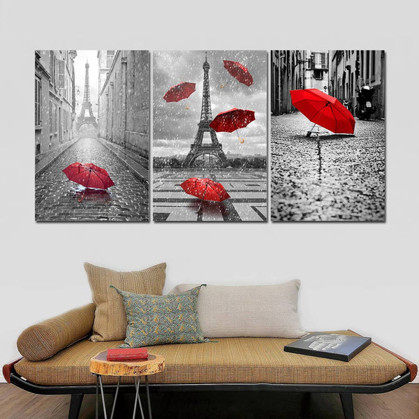 Black & White Red Umbrella Romantic Paris France Eiffel Tower Framed 3 Piece Canvas Wall Art Painting Wallpaper Poster Picture Print Photo Decor