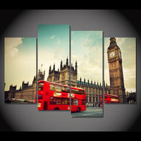 London City UK Parliament Double Decker Red Bus Framed 4 Piece Canvas Wall Art Print Photo Decor Painting Wallpaper Poster Picture
