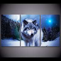 Snowy Mountain Forest Wolf Moon Night Framed 3 Piece Canvas Wall Art Print Photo Decor Painting Wallpaper Poster Picture