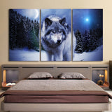 Snowy Mountain Forest Wolf Moon Night Framed 3 Piece Canvas Wall Art Print Photo Decor Painting Wallpaper Poster Picture