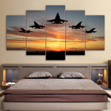 Fighter Jets Airforce Airplanes Sunset Sunrise Framed 5 Piece Military Canvas Wall Art Painting Wallpaper Poster Picture Print Photo Decor