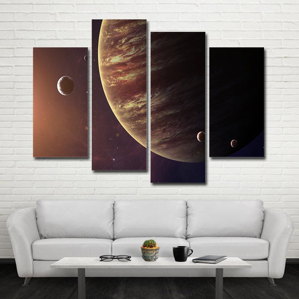 Planeta Júpiter y lunas enmarcado, 4 piezas, lienzo espacial, arte de pared, pintura, papel tapiz, decoración, póster, impresión de imagen 