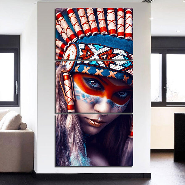 Native American Indian Girl Framed 3 Piece Canvas Wall Art Painting Wallpaper Poster Picture Print Photo Decor
