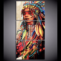 Chica guerrera india nativa americana enmarcada 3 piezas lienzo arte de la pared impresión foto decoración pintura papel tapiz póster imagen 