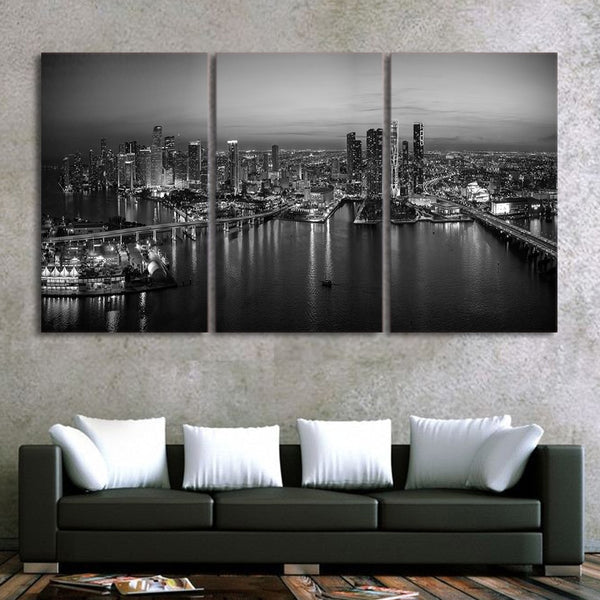 Miami Florida USA Cityscape Skyline Framed 3 Piece Canvas Wall Art Painting United States Of America Wallpaper Poster Picture Print Photo Decor
