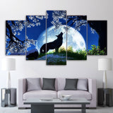 Full Moon Howling Wolf Framed 5 Piece Canvas Wall Art Image Picture Wallpaper Mural Decoration Design Artwork Poster Decor Print Painting Photography