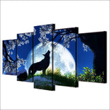 Full Moon Howling Wolf Framed 5 Piece Canvas Wall Art Image Picture Wallpaper Mural Decoration Design Artwork Poster Decor Print Painting Photography
