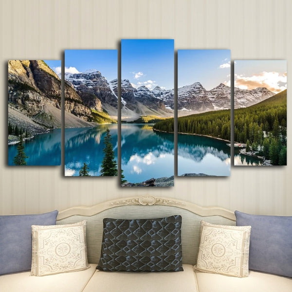 Beautiful Mountain Lake Forest Trees Framed 5 Piece Nature Canvas Wall Art Image Picture Wallpaper Mural Artwork Poster Decor Print Painting Photography