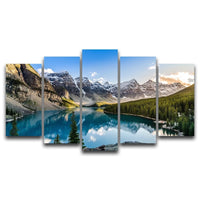 Beautiful Mountain Lake Forest Trees Framed 5 Piece Nature Canvas Wall Art Image Picture Wallpaper Mural Artwork Poster Decor Print Painting Photography