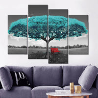 Aqua Tree & Red Bench Black & White Framed 4 Piece Canvas Wall Art Painting Wallpaper Decor Poster Picture Print