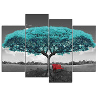 Aqua Tree & Red Bench Black & White Framed 4 Piece Canvas Wall Art Painting Wallpaper Decor Poster Picture Print