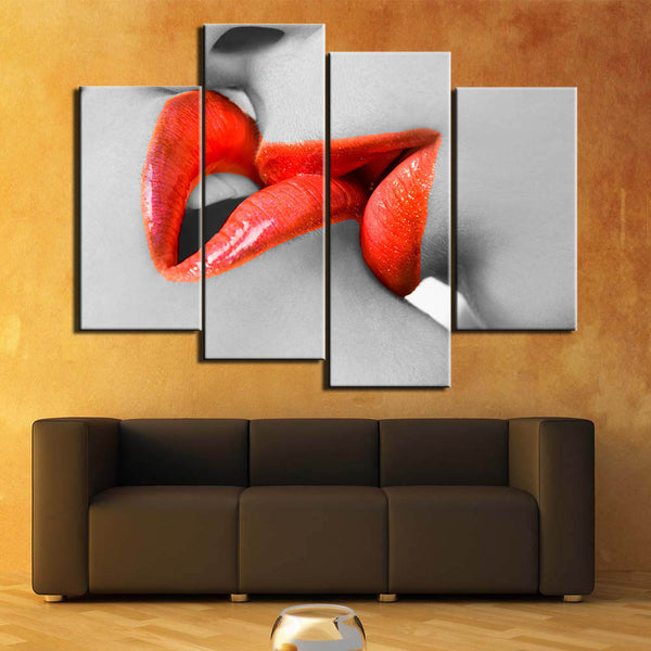Sensual pareja besándose labios rojos sexys amor erótico enmarcado 4 piezas lienzo arte de la pared pintura papel tapiz decoración cartel imagen impresa 