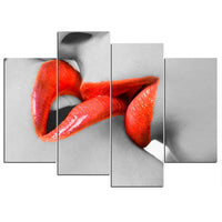 Sensual Couple Kissing Sexy Red Lips Erotic Love Framed 4 Piece Canvas Wall Art Painting Wallpaper Decor Poster Picture Print