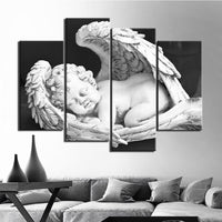 Winged Cupid Black & White Angel Framed 4 Piece Canvas Wall Art Painting Wallpaper Decor Poster Picture Print