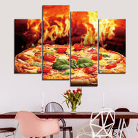 Fire Flaming Pizza Restaurant Food Framed 4 Piece Canvas Wall Art Painting Wallpaper Decor Poster Picture Print