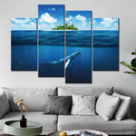 Tropical Island Ocean Seascape Whale Framed 4 Piece Animal Canvas Wall Art Painting Wallpaper Decor Poster Picture Print