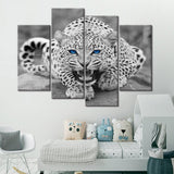Black & White Blue Eyed Leopard Cat Framed 4 Piece Animal Canvas Wall Art Painting Wallpaper Decor Poster Picture Print