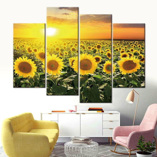 Sunflower Field Sunset Sunrise Nature Framed 4 Piece Flower Canvas Wall Art Painting Wallpaper Decor Poster Picture Print