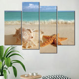 Starfish Seashell Ocean Beach Wave Framed 4 Piece Seascape Canvas Wall Art Painting Wallpaper Decor Poster Picture Print