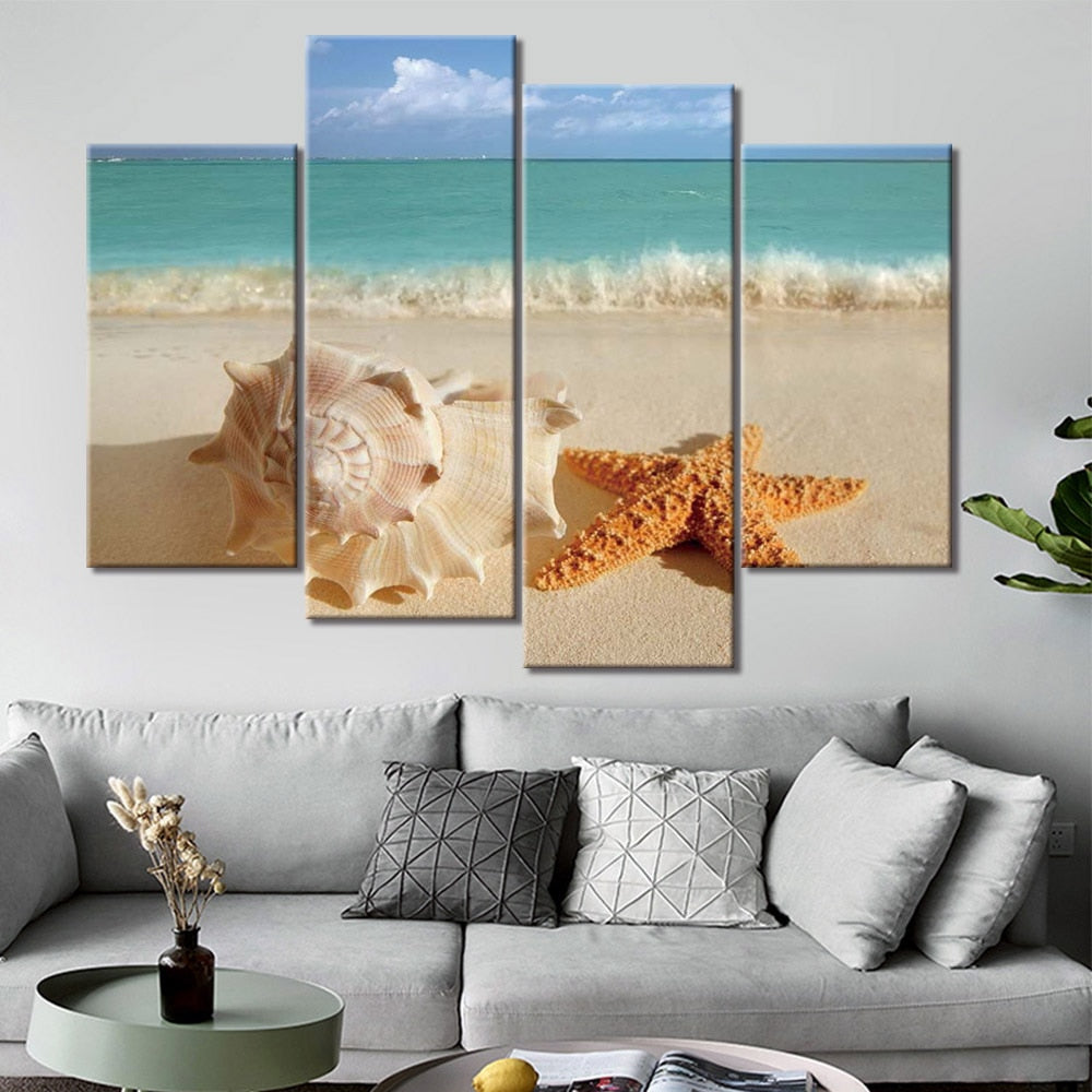 Starfish Seashell Ocean Beach Wave Framed 4 Piece Seascape Canvas Wall ...