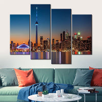 Toronto Ontario Canada Sunset Sunrise Skyline CN Tower Framed 4 Piece Cityscape Canvas Wall Art Painting Wallpaper Decor Poster Picture Print