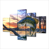 Fish Jumping Out Of Lake Water Nature Fishing Framed 5 Piece Canvas Wall Art