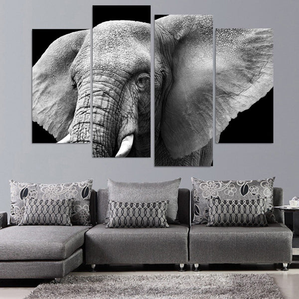 Orejas de elefante y colmillos enmarcados, 4 piezas, lienzo de animales, arte de pared, pintura, papel tapiz, decoración, póster, impresión de imagen 