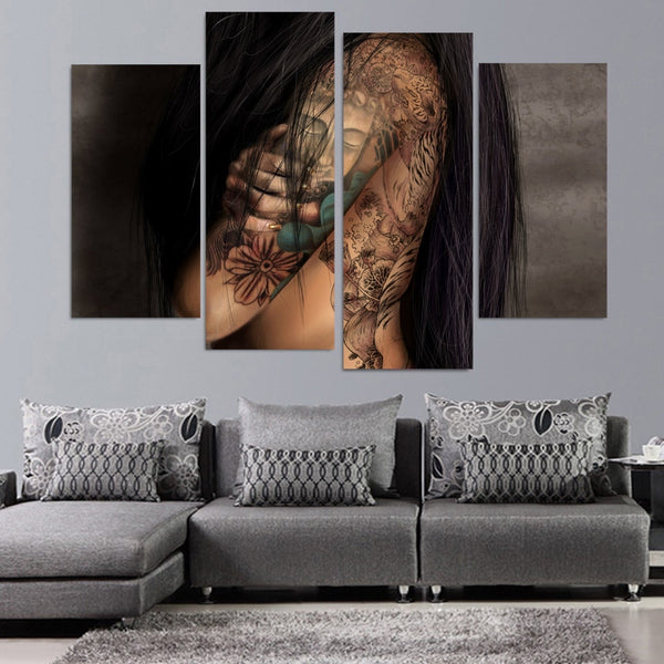 Tattoo Girl Framed 4 Piece Canvas Wall Art Painting Wallpaper Poster Picture Print Photo Decor