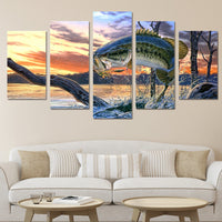 Fish Jumping Out Of Lake Water Nature Fishing Framed 5 Piece Canvas Wall Art
