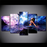 Mermaid Moon & Space Ocean Night Framed 5 Piece Canvas Wall Art Painting Wallpaper Poster Picture Print Photo Decor