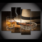 Whisky Alcohol Bebida Cigarro Humo Fedora Bar Restaurante Enmarcado 4 Piezas Lienzo Arte De La Pared Pintura Papel Pintado Póster Imagen Impresión Foto Decoración 