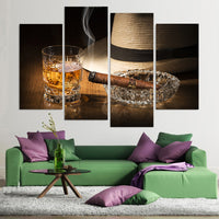 Whiskey Alcohol Drink Cigar Smoke Fedora Bar Restaurant Framed 4 Piece Canvas Wall Art Painting Wallpaper Poster Picture Print Photo Decor